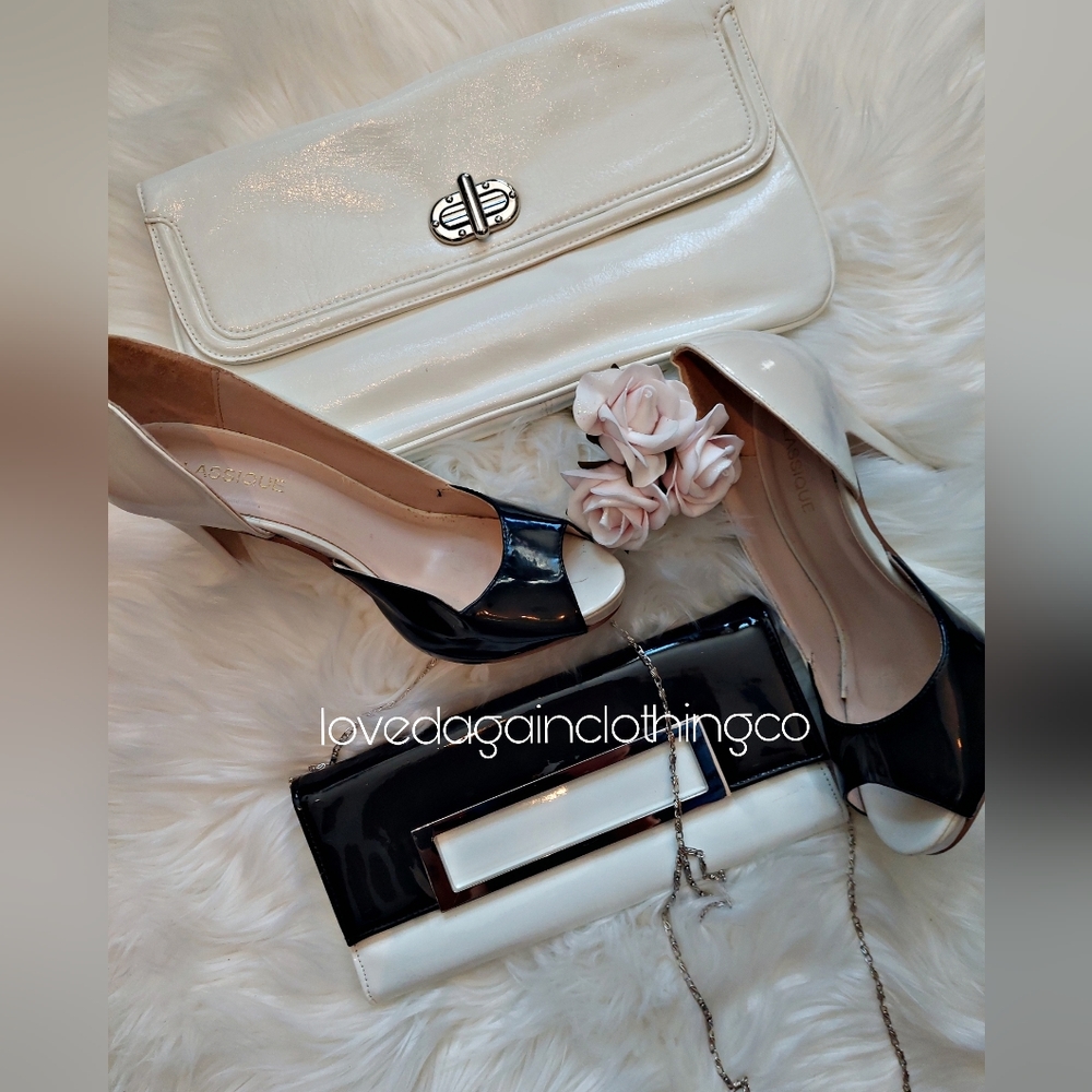 Black and white shoes with 2 clutches